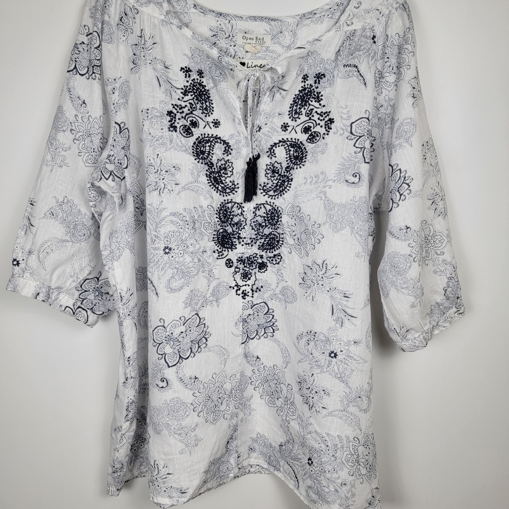 Open End 100% Linen Navy and White Embroidered Tassle Tie Blouse Top, EUC, szXL